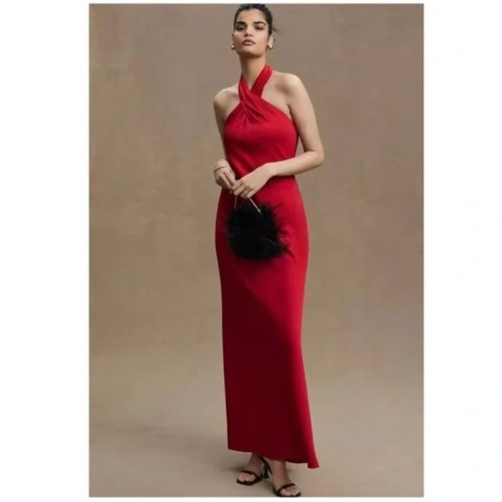 BHLDN Ruby twist halter satin gown in red
